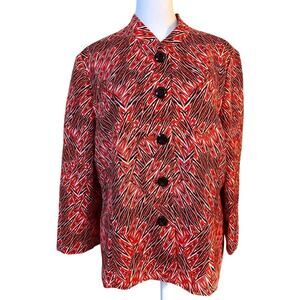 Kasper Coral Black Geometric Print Linen Blend Blazer Size 12